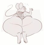 2021 anthro big_butt butt female hi_res huge_butt huge_thighs hyper hyper_thighs looking_back louise_thrushwood lying mammal monochrome mouse murid murine on_front presenting presenting_hindquarters rear_view ridiculouscake rodent simple_background solo thick_thighs white_background wide_hips wood_mouse
