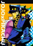  1boy animal belt black_hair chain clothed_pokemon cosplay crossover emblem gakuran hat jojo_no_kimyou_na_bouken kujo_jotaro kujo_jotaro_(cosplay) looking_at_viewer male_focus multiple_belts on_shoulder one_eye_covered pikachu pink_shirt pokachuu pokemon pokemon_(creature) pokemon_on_shoulder school_uniform shirt stardust_crusaders two-tone_belt 