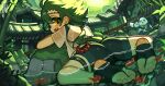 1girl ass chinese_commentary commentary_request fang feet from_behind green_hair kotoba_(1074421015) lying no_shoes on_stomach open_mouth original short_hair soles solo stirrup_legwear toeless_legwear toes yellow_eyes 