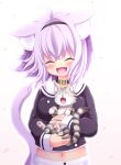  1girl :3 ahoge animal animal_collar animal_ears black_collar black_hair breasts cat cat_ears cat_girl cat_tail closed_eyes collar highres holding holding_animal holding_cat hololive large_breasts midriff navel neko_usagi nekomata_okayu open_mouth purple_hair sailor_collar sailor_shirt shirt smile solo tail upper_body virtual_youtuber 