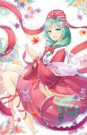  alternate_costume autumn_leaves barefoot bow collar colored_eyelashes dress falling_leaves floral_background frilled_bow frilled_collar frilled_ribbon frills front_ponytail full_body green_eyes green_hair hagoromo hair_bow kagiyama_hina leaf leg_ribbon light_blush long_hair long_ribbon maple_leaf mito_tsubaki open_mouth red_bow red_dress red_ribbon ribbon see-through_clothes see-through_shawl shawl smile touhou white_background white_collar 