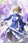  1girl absurdres ahoge aqua_eyes armor artoria_pendragon_(fate) black_pantyhose blonde_hair blue_bow blue_dress bow bowtie braid breasts closed_mouth commentary_request day dress excalibur_(fate/stay_night) fate/stay_night fate/unlimited_blade_works fate_(series) flower frilled_sleeves frills gold_trim highres holding holding_sword holding_weapon honkai:_star_rail honkai_(series) lens_flare long_hair long_sleeves looking_at_viewer pantyhose partial_commentary saber_(fate) saber_(honkai:_star_rail)_(fate) smile solo sword thighs tongyu tree weapon 