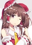  1girl ascot bow brown_eyes brown_hair collar commentary_request detached_sleeves dripping frilled_bow frilled_collar frilled_hair_tubes frills grey_background hair_tubes hakurei_reimu hands_in_own_hair light_frown mito_tsubaki one_eye_closed red_bow red_ribbon red_shirt ribbon ribbon-trimmed_sleeves ribbon_trim shirt solo touhou upper_body water_drop wet wet_hair white_collar white_sleeves wringing_hair yellow_ascot 