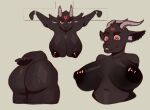 anthro big_breasts big_butt black_body black_fur bovid breasts butt caprine crucifixion_pose ears_down female fur goat grey_background grin hangedc hi_res horn huge_breasts looking_at_viewer mammal nipples occult_symbol pentagram pivoted_ears red_eyes simple_background smile solo symbol tail