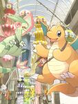  animal_focus bag claws closed_eyes dragon dragonite fish flygon flying food full_body grey_eyes highres horns indoors knhb_tail market no_humans open_mouth pokemon pokemon_(creature) pokemon_focus red_eyes shopping_district shoulder_bag single_horn smile tail tatsugiri tatsugiri_(curly) wings 
