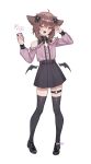  1boy absurdres ahoge animal_ears bare_shoulders black_bow black_shoes black_skirt black_thighhighs blush bow brown_hair cat_boy cat_ears cellphone commentary english_commentary fangs full_body hair_bow half-heart_hands heart heart_o-ring highres holding holding_phone jirai_kei long_sleeves looking_at_viewer male_focus miniskirt musical_note o-ring o-ring_thigh_strap open_mouth original phone pigeon-toed pink_shirt rat_squeak shirt shirt_tucked_in shoes short_hair simple_background skirt smartphone smile solo spoken_heart spoken_musical_note standing thigh_strap thighhighs tongue tongue_out trap tsurime twitter_username white_background zettai_ryouiki 