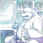  2022 anthro bandage bottomwear bulge clothing detailed_background furipon hi_res humanoid_hands inside kemono male mammal overweight overweight_male pants shirt sitting solo suid suina sus_(pig) topwear wild_boar 