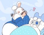 2017 anthro arms_bent bed black_facial_hair black_hair_bow black_mustache blue_background blue_blanket blue_clothing blue_eyes blue_inner_ear blue_suit closed_smile clothed clothed_anthro clothed_male clothing crossover curly_hair digital_drawing_(artwork) digital_media_(artwork) duo english_description facial_hair flat_colors floppy_ears fuposey furniture ghost grey_hair hair half-closed_eyes hands_together head_on_pillow headboard hybrid lagomorph long_ears looking_at_another lying lying_on_bed male mammal mario_bros mario_plus_rabbids_kingdom_battle markings medium_hair mitten_hands mole_(marking) mouth_closed musical_note musical_symbol mustache narrowed_eyes nintendo no_eyebrows noseless on_bed one_eye_closed open_mouth overweight overweight_anthro overweight_male phantom_of_the_bwahpera pillow pink_tongue rabbid raving_rabbids rayman_(series) simple_background singing smile spawny spirit suit symbol tan_body tan_eyelids tan_inner_ear tan_skin tongue ubisoft under_blanket white_cravat white_pillow