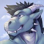 1:1 anthro beard black_beard black_facial_hair black_hair blue_body blue_ears blue_eyes blue_sky cheek_spikes cloud dragon facial_hair facial_spikes fangs front_view glistening glistening_eyes grin hair horn male male_anthro mythological_creature mythological_scalie mythology scalie short_hair sky smile solaxe_(artist) solo spikes spikes_(anatomy) teeth white_body white_horn