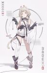  1girl animal_ears arm_warmers asymmetrical_legwear bare_shoulders belt belt_pouch black_boots black_gloves black_shorts boots borrowed_character breasts cat_ears cat_girl cat_tail commentary full_body gloves grey_hair highres holding kneehighs long_hair looking_at_viewer low_twintails medium_breasts midori_fufu original parted_lips pouch red_eyes see-through_clothes see-through_shirt shirt short_shorts shorts single_arm_warmer single_kneehigh single_sock single_thighhigh sleeveless sleeveless_shirt socks solo standing symbol-only_commentary tail thighhighs twintails white_shirt white_socks white_thighhighs wire 