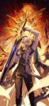  2boys absurdres alternate_form antenna_hair armor black_choker black_gloves black_pants black_shirt blonde_hair blue_cape blue_eyes cape choker coat cracked_skin dual_persona fingerless_gloves gloves hair_between_eyes halo halo_behind_head highres holding holding_sword holding_weapon honkai:_star_rail honkai_(series) male_focus multiple_boys pants parted_bangs pauldrons phainon_(honkai:_star_rail) phainon_(khaslana)_(honkai:_star_rail) sakon04 shirt short_hair shoulder_armor single_glove single_pauldron sword thigh_strap weapon white_coat white_hair yellow_eyes 