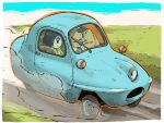  1girl animal black_eyes black_hair car cat cyclops dust_cloud grass highres medium_hair motor_vehicle one-eyed original oversized_animal solo vehicle_focus wheel yabarn 