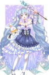  1girl 1other animal_ears aqua_eyes aqua_hair blush breasts chibana_sora collarbone detached_collar detached_sleeves dress frilled_dress frills full_body hair_between_eyes hair_ornament hatsune_miku highres holding holding_staff long_hair long_sleeves looking_at_viewer official_alternate_costume official_alternate_hairstyle open_mouth puffy_long_sleeves puffy_sleeves rabbit rabbit_yukine small_breasts smile staff strapless strapless_dress thighhighs twintails very_long_hair vocaloid white_thighhighs yuki_miku yuki_miku_(2019) 
