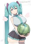  1girl alternate_breast_size aqua_eyes aqua_hair bare_shoulders blush_stickers breasts closed_mouth cowboy_shot detached_sleeves food fruit hair_between_eyes hair_ornament hatsune_miku highres holding holding_food holding_fruit holding_watermelon kooei large_breasts long_hair looking_at_viewer necktie pleated_skirt request_inset simple_background skirt sleeveless solo sweatdrop thighhighs twintails vocaloid watermelon white_background white_thighhighs 
