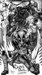  \m/ bodysuit breasts crossed_arms deadpool dual_wielding gloves greyscale helmet hida_haruka highres holding holding_sword holding_weapon kage_(marvel) loki_(marvel) marvel medium_breasts monochrome neiro_aratabi sakura_spider saliva sharp_teeth smile superhero sword symbiote teeth tongue tongue_out uesugi_hikaru weapon 