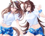  2girls animal_ears bangs blush closed_mouth cowboy_shot gaze_on_me!_outfit_(umamusume) hair_between_eyes hand_up highres horse_ears horse_girl horse_tail long_hair looking_at_viewer male_swimwear midriff mocha_(mochaxgm) multicolored_hair multiple_girls navel open_mouth photoshop_(medium) pony purple_eyes red_eyes scrunchie shirt short_sleeves sirius_symboli_(umamusume) smile swim_trunks symboli_rudolf_(umamusume) tail tied_shirt umamusume white_background white_shirt wrist_scrunchie 