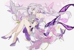  2girls absurdres bare_shoulders bug butterfly castorice_(honkai:_star_rail) chinese_commentary commentary_request dress ershier_(pixiv_104659149) from_side full_body grey_hair harp high_heels highres holding holding_mini_person honkai:_star_rail honkai_(series) instrument knees_up long_hair looking_at_viewer mini_person minigirl multiple_girls pointy_ears purple_butterfly purple_eyes purple_hair purple_shoes shoes stelle_(honkai:_star_rail) tiara trailblazer_(honkai:_star_rail) white_dress 