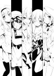  5girls :o absurdres aikawa_miyuu black_pantyhose blush breasts buttons cardigan chaos;child chaos;head chuo_tanegashima_high_school_uniform collar collarbone double-breasted dress dress_vest frilled_collar frilled_hat frills greyscale hair_between_eyes hat head_tilt hekiho_academy_school_uniform highres kneeling koujiro_frau kurusu_nono large_breasts medium_breasts miniskirt monochrome multiple_girls neckerchief nishijou_nanami occultic;nine one_eye_closed open_mouth pantyhose petticoat robotics;notes school_uniform science_adventure shiina_mayuri shiny_eyes shorts shorts_under_skirt skirt small_breasts steins;gate suimei_academy_school_uniform thighs tongue tongue_out yakku 