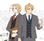  2boys ahoge america_(hetalia) animal animal_ears animal_nose axis_powers_hetalia bag bear bear_ears black-framed_eyewear black_bow black_bowtie black_vest blonde_hair blue_eyes blue_necktie border bow bowtie brown_bag buttons canada_(hetalia) claws clipboard closed_mouth collared_shirt commentary_request cowboy_shot cup dated detached_collar formal_clothes glasses grey_background grey_jacket grey_pants hand_up holding holding_bag holding_clipboard holding_cup jacket lapels long_sleeves looking_at_viewer male_focus multiple_boys necktie open_clothes open_jacket open_mouth outside_border pants pocket polar_bear purple_eyes red_necktie round_eyewear shirt short_hair smile standing suit suit_jacket to@st vest white_border white_fur white_shirt wing_collar 