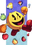  1boy absurdres apple bell blue_background boots checkered_background cherry clenched_hands food fruit galaxian_flagship gloves happy highres key melon orange_(fruit) orange_gloves outside_border pac-man pac-man_(game) pac-man_eyes pixelated red_boots silverchariotx strawberry 