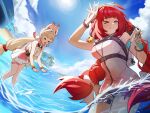  &gt;_&lt; &gt;_o 2girls absurdres air_bubble alice_thymefield alice_thymefield_(sea_of_thyme) animal_ears arm_up bare_shoulders beach bead_bracelet beads blonde_hair blue_sky blunt_bangs blush bracelet braid braided_twintails breasts bubble cleavage cloud commentary day dutch_angle eyewear_on_head green_eyes hairband highres holding holding_water_gun jewelry large_breasts lens lens_flare light_particles long_hair looking_at_viewer low_twin_braids low_twintails medium_breasts multiple_girls ocean official_alternate_costume one-piece_swimsuit one_eye_closed outdoors palm_tree parted_lips pink_one-piece_swimsuit rabbit_ears rabbit_girl red_hair sidelocks sky smile sparkle sphere_hair_ornament splashing sun sunlight swimsuit thigh_strap thighs tree twin_braids twintails two-tone_one-piece_swimsuit ukinami_yuzuha ukinami_yuzuha_(tanuki_in_broad_daylight) very_long_hair wading water_drop water_gun waves wet white_hairband white_one-piece_swimsuit yunmo_(znfc8352) zenless_zone_zero 
