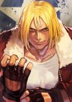  1boy adjusting_clothes adjusting_gloves black_gloves blonde_hair blue_eyes brown_coat clenched_hand coat collarbone fatal_fury fingerless_gloves garou:_mark_of_the_wolves gloves hair_between_eyes hungry_clicker long_sleeves looking_at_viewer male_focus shirt short_hair smile solo star_(symbol) terry_bogard white_shirt 