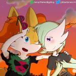  1:1 absurd_res anthro blue_eyes blush braixen city cityscape clothing digital_drawing_(artwork) digital_media_(artwork) duo ear_tuft embrace eyewear fangs female gardevoir gastly generation_1_pokemon generation_3_pokemon generation_6_pokemon glasses hi_res loving_gaze nintendo pokemon pokemon_(species) shirt sunset t-shirt topwear tuft video_games zennybluegenesis 