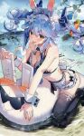  1girl absurdres air_bubble animal_ears bare_shoulders bikini black_thighhighs blue_hair blue_sky bow breasts bubble carrot_hair_ornament cleavage closed_mouth commentary_request food-themed_hair_ornament hair_bow hair_ornament haruhina_purple highres hololive holonatsu_paradise looking_at_viewer maid maid_bikini outdoors rabbit_ears rabbit_girl revision sky smile solo swimsuit thighhighs tongue tongue_out unconventional_maid usada_pekora usada_pekora_(holonatsu_paradise) virtual_youtuber white_bow white_wrist_cuffs wrist_cuffs 