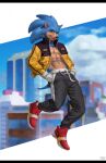 abs anthro blue_body blurred_background bottomwear clothing footwear green_eyes hi_res jacket looking_at_viewer male outside pants sega shaneinvasion shoes signature smile sneakers solo sonic_the_hedgehog sonic_the_hedgehog_(series) topwear
