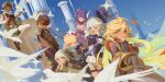  2boys 4girls absurdres ahoge back biker_clothes bikesuit blonde_hair blue_eyes blue_hair blue_hat blue_sky blunt_bangs bodysuit braided_sidelocks brown_hair cake capelet chinese_clothes chinese_commentary dress earrings floating food friends from_behind from_side furina_(genshin_impact) genshin_impact gloves glowing glowing_hair gradient_hair green_capelet green_eyes green_hair green_hat hair_between_eyes hair_ornament hat high_collar highres holding huge_ahoge japanese_clothes jewelry kimono long_hair long_sleeves looking_at_viewer looking_to_the_side mavuika_(genshin_impact) multicolored_hair multiple_boys multiple_girls nahida_(genshin_impact) one_eye_closed outdoors pantyhose purple_dress purple_eyes purple_kimono raiden_shogun red_eyes red_hair red_sash sanyuansan01 sash shade short_hair side_ponytail sky suit top_hat two-tone_hair venti_(genshin_impact) wavy_hair white_hair white_pantyhose wide_sleeves zhongli_(genshin_impact) 
