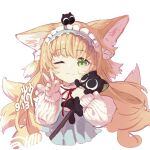  1girl ;) absurdres animal animal_ear_fluff animal_ears arknights bangs black_cat blonde_hair blue_dress blue_hairband cat closed_mouth commentary_request cropped_torso dress fox_ears fox_girl fox_tail frilled_hairband frills gangqixi_199804 green_eyes hairband heixiu highres holding holding_animal long_hair long_sleeves looking_at_viewer luoxiaohei neck_ribbon okasaki_ushio_(03103335) one_eye_closed puffy_long_sleeves puffy_sleeves red_ribbon ribbon shirt simple_background sleeves_past_wrists smile suzuran_(arknights) suzuran_(praise_spring)_(arknights) tail the_legend_of_luo_xiaohei upper_body v white_background white_shirt 