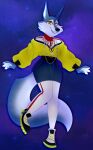 2022 absurd_res anthro arctic_wolf big_ears canid canine canis clothing countershading female footwear happy hi_res illumination_entertainment mammal on_one_leg oversized_clothing porsha_crystal shoes sing_(movie) sneakers solo standing starscape trishabeakens wolf
