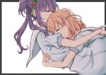  2girls black_border blue_dress border cerise_bouquet commentary dress flower hair_bun hair_flower hair_ornament hasu_no_sora_school_uniform highres hinoshita_kaho hug link!_like!_love_live! long_hair love_live! multiple_girls mutual_hug otomune_kozue outside_border puffy_short_sleeves puffy_sleeves purple_hair ranmaro red_flower sailor_collar sailor_dress school_uniform short_sleeves side_ponytail signature simple_background single_side_bun summer_uniform symbol-only_commentary tassel tassel_hair_ornament twitter_username virtual_youtuber white_background white_sailor_collar 
