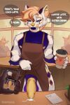 2025 animal_genitalia animal_penis apron barista beverage black_sclera blue_body blue_eyes blue_fur bodily_fluids cafe canid canine canine_genitalia canine_penis cellphone clothing coffee cum cum_drip dripping electronics fox fur genital_fluids genitals hair hi_res knot leaking_cum mammal multicolored_body multicolored_fur nate_fox_(natefox211) nipples nixmoonl orange_hair penis phone presenting_knot smartphone speech_bubble tan_body tan_fur tongue tongue_out white_body yellow_body yellow_fur yellow_knot yellow_nipples yellow_tongue