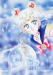  1990s_(style) 1girl absurdres artbook bishoujo_senshi_sailor_moon blue_background blue_eyes blue_sailor_collar closed_mouth crescent crescent_choker crescent_earrings double_bun dual_persona earrings full_moon hair_bun highres incredibly_absurdres jewelry moon official_alternate_hair_color official_art pale_skin pink_lips princess princess_serenity retro_artstyle sailor_collar sailor_moon sailor_senshi_uniform scan smile takeuchi_naoko tsukino_usagi white_hair 