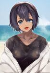  1girl bad_link beach black_hair black_shirt blurry blurry_background bob_cut breasts check_rating collarbone covered_nipples daitoku_junna dark-skinned_female dark_skin dougi hair_between_eyes head_tilt highres karate_gi medium_breasts open_mouth outdoors ringed_eyes robotics;notes science_adventure secretter see-through_clothes shirt short_hair smile solo steaming_body sweat t-shirt tongue upper_body very_sweaty 