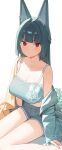  1girl :| absurdres animal_ears bare_legs barefoot black_hair blunt_bangs blush breasts bright_pupils camisole cleavage closed_mouth collarbone cro_(user_znms5733) crop_top dolphin_shorts fox_ears fox_girl fox_tail grey_camisole grey_jacket grey_shorts half_updo highres hoshimi_miyabi jacket jacket_partially_removed large_breasts long_hair looking_at_viewer red_eyes shorts single_bare_shoulder sitting solo straight_hair tail very_long_hair wariza white_background white_pupils zenless_zone_zero 