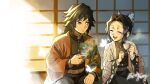  1boy 1girl :d ^_^ animal berrykanry black_hair black_pants black_shirt black_skirt blush bug butterfly butterfly_hair_ornament closed_eyes closed_mouth commentary_request cup facing_another forehead grey_eyes hair_ornament highres holding holding_cup kimetsu_no_yaiba kochou_shinobu long_sleeves looking_at_another looking_to_the_side multicolored_hair open_clothes pants parted_bangs purple_hair shirt signature sitting skirt smile tomioka_giyuu two-tone_hair wide_sleeves 
