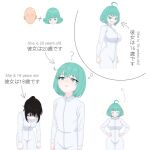  akii4s bald black_hair bob_cut breasts green_eyes green_hair highres large_breasts long_sleeves one-punch_man open_mouth original petite saitama_(one-punch_man) short_hair simple_background small_breasts smile tagme tatsumaki thighs white_background 