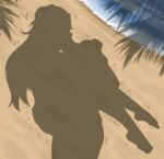  1boy 1girl beach bleach carrying carrying_person cowboy_shot fuzzlogik highres motion_lines nelliel_tu_odelschwanck ocean palm_tree sand sex shadow standing standing_sex tree trembling water 