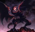  black_scales breath_weapon breathing_fire claws dated dragon duel_monster embers fire highres horns k.nock monster monster_focus no_humans outdoors red-eyes_black_dragon red_eyes rock sharp_teeth signature solo spread_wings standing tail teeth wings yu-gi-oh! 