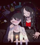  2girls bang_dream! bang_dream!_it&#039;s_mygo!!!!! black_choker black_hair black_jacket black_shirt blush breasts candle choker cleavage collarbone commentary confetti crop_top crown detached_sleeves earrings happy_birthday hashtag-only_commentary highres jacket jewelry long_hair long_sleeves medium_hair mole mole_under_eye multiple_girls music one_eye_closed open_clothes open_jacket open_mouth purple_eyes red_shirt shiina_taki shirt singing single_earring squiggle sweatdrop white_jacket yahata_umiri zikiki1092 