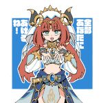  1girl bare_shoulders black_horns blue_background blue_brooch blue_skirt border bright_pupils brooch commentary cowboy_shot crop_top detached_sleeves fake_horns genshin_impact green_eyes hands_on_own_chest harem_outfit highres horns jewelry long_hair looking_at_viewer low_twintails midriff neck_ring nilou_(genshin_impact) open_mouth outside_border puffy_detached_sleeves puffy_sleeves red_hair skirt solo surodzuki translation_request twintails veil white_border white_veil 