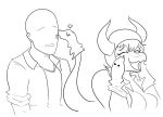 2024 anon_(snoot_game) anthro arsenic_iii bald breasts cavemanon_studios clothing compsognathid compsognathus dinosaur duo eyelashes eyes_closed female hand_puppet hat headgear headwear human human_on_anthro interspecies jacket kiss_mark_on_face kissing_cheek long_tail male male/female mammal monochrome open_mouth open_smile prehistoric_species reptile scalie schizo_chan_(snoot_game) smile snoot_game snout tail theropod topwear