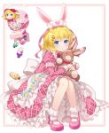  1girl :&lt; animal_ears apron back_bow blonde_hair blue_eyes bottle bow bowtie collar commentary_request doll fairy_wings frilled_collar frilled_skirt frills hair_bow hair_ornament hairclip hat hat_ribbon heart highres holding holding_stuffed_toy inset_border juliet_sleeves knees light_blush long_sleeves mary_janes medicine_box medicine_melancholy medicine_melancholy_(rabbit-eared_soldier) medium_hair mito_tsubaki pink_shirt pink_shoes pink_skirt plaid_clothes plaid_shirt plaid_skirt poison puffy_sleeves rabbit_ears red_bow red_bowtie ribbon shirt shoes skirt socks solo stuffed_animal stuffed_rabbit stuffed_toy su-san touhou touhou_lostword white_apron white_background white_bow white_hat white_socks white_wrist_cuffs wings wrist_cuffs 