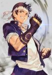  1boy black_hair blue_gloves blue_jacket blue_pants brown_eyes clenched_hand clenched_teeth cowboy_shot cropped_jacket fighting_stance fingerless_gloves gloves grin headband hungry_clicker jacket looking_at_viewer male_focus pants shirt short_hair sleeves_rolled_up smile solo teeth the_king_of_fighters white_headband white_shirt yabuki_shingo 