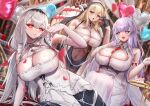  3girls absurdres azur_lane balloon bare_shoulders black_gloves black_veil blonde_hair breast_cutout breasts cake cleavage cleavage_cutout clothing_cutout commentary_request covered_navel cross-shaped_pupils dress fake_horns falling_petals food gloves hair_between_eyes half_gloves hand_on_own_cheek hand_on_own_face heart_balloon highres horns huge_breasts implacable_(azur_lane) indoors kirisamede_gzr layer_cake leaning_to_the_side long_hair looking_at_viewer multiple_girls navel nun official_alternate_costume open_mouth pelvic_curtain petals plymouth_(azur_lane) purple_eyes purple_hair red_eyes revealing_clothes rose_petals scylla_(azur_lane) shiny_skin sleeveless sleeveless_dress smile strawberry_shortcake symbol-shaped_pupils two-tone_dress veil very_long_hair white_dress white_gloves white_hair white_horns 