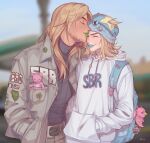  2boys absurdres alternate_costume american_flag backpack bag bag_charm beanie belt blonde_hair blue_lips blurry blurry_background breast_pocket character_charm charm_(object) closed_eyes commentary contemporary facial_hair green_lips gyro_zeppeli hair_through_headwear hands_in_pockets hat hat_pin highres hood hood_down hoodie italian_flag jacket johnny_joestar jojo_no_kimyou_na_bouken kiss kissing_cheek lipstick long_hair long_sleeves makeup male_focus multiple_boys open_clothes open_jacket pocket smile stand_(jojo) steel_ball_run stuffed_animal stuffed_toy sweater symbol-only_commentary teddy_bear toryan_nyan turtleneck turtleneck_sweater tusk_(stand) tusk_act1 yaoi 