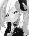  1girl bangs blue_archive blush bracelet commentary_request finger_to_mouth flower greyscale grin hair_flower hair_ornament highres index_finger_raised jewelry long_hair looking_at_viewer machico monochrome mutsuki_(blue_archive) ponytail portrait side_ponytail simple_background slit_pupils smile solo 