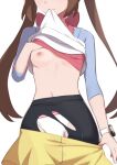  biting biting_clothes blue_shirt bow bra bra_lift breasts brown_hair clothes_lift covering covering_one_breast head_out_of_frame highres midriff morisobo multiple_tails nipples one_breast_out panties pink_bra pokemon rosa_(pokemon) shirt shirt_lift skirt tail thighhighs torn_clothes two-tone_shirt two_tails underwear watch white_panties white_shirt yellow_skirt 